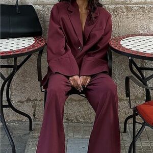Oversized Blazer With Wide Sleeves/Wide High Waist Suit Pants